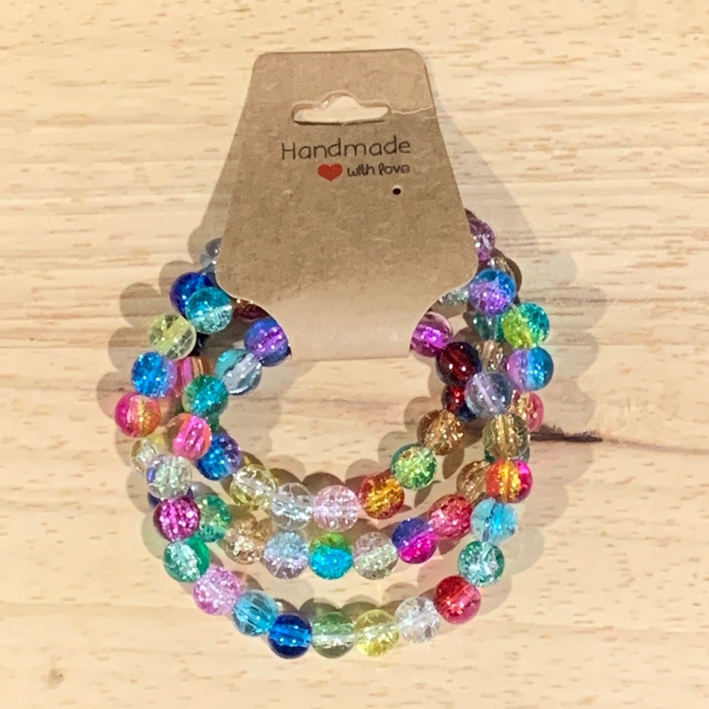 Handmade Beaded Bracelet Women OS 3PC Set Rainbow Crackle Glass Stretch Kidcore